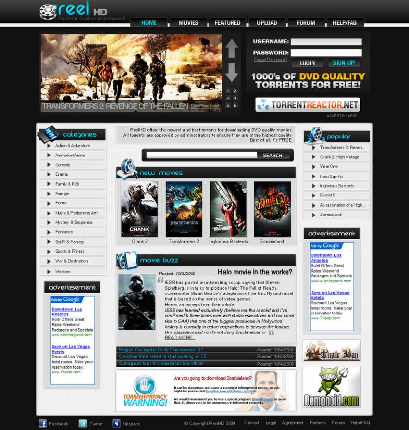 ReelHD PSD макет на тему фильмы